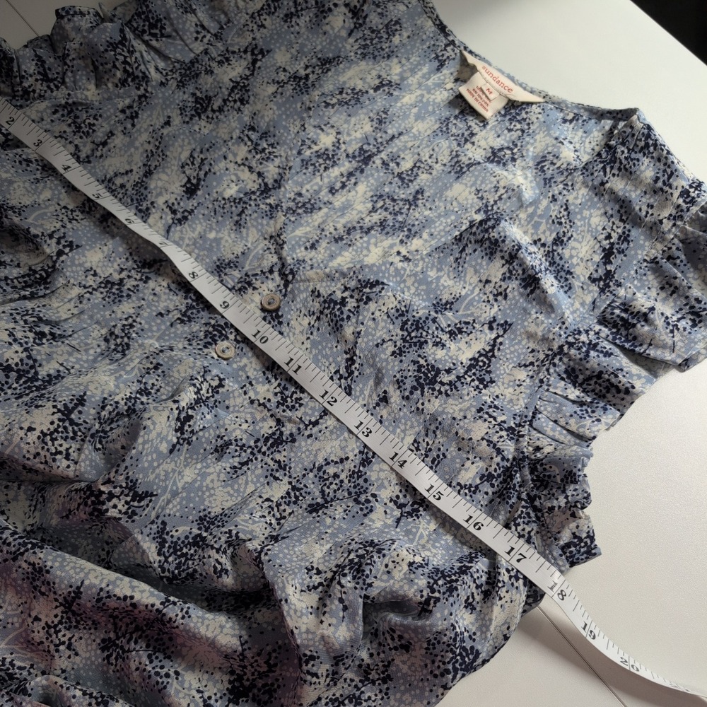Sundance Blue White Floral 100% Silk Ruffle Cap Sleeve Tie Waist Blouse Medium - Picture 8 of 10